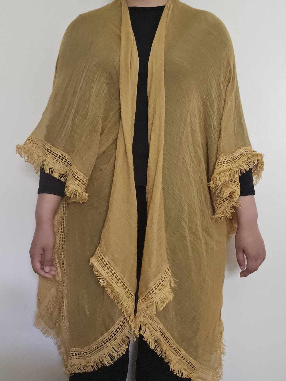 SO Bohemian Cottagecore Mustard Yellow Fringe Ruana Wrap Poncho Summer Spring